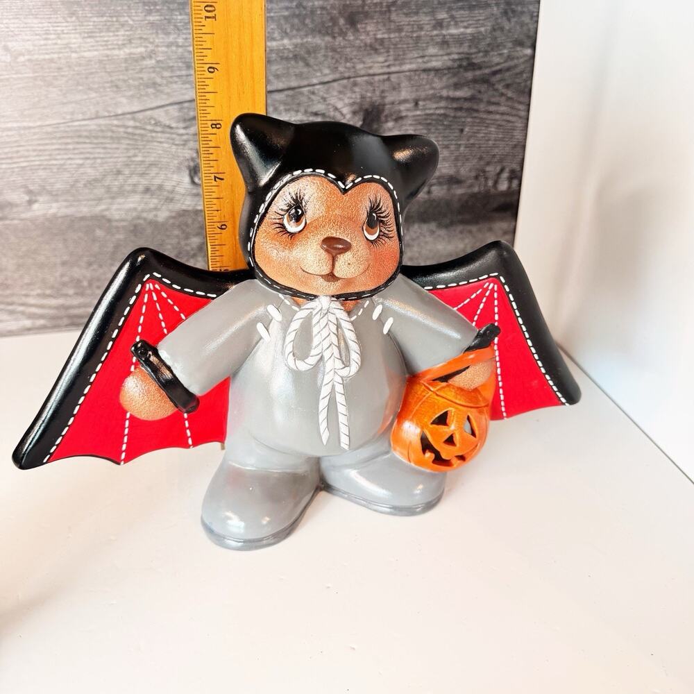 Vintage Halloween Ceramic Bear in Bat Costume Mold Figurine Statue 8" Kitschy - Picture 7 of 8